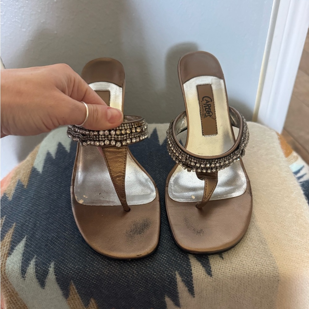 Vintage Carlos Santana Bronze Beaded Thong Sandals in size 7